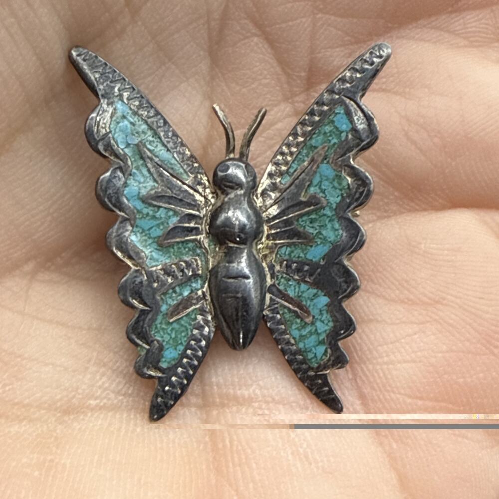 VTG 925ME STERLING SILVER Butterfly SIGNED CR69 TURQUOISE INLAY PIN
